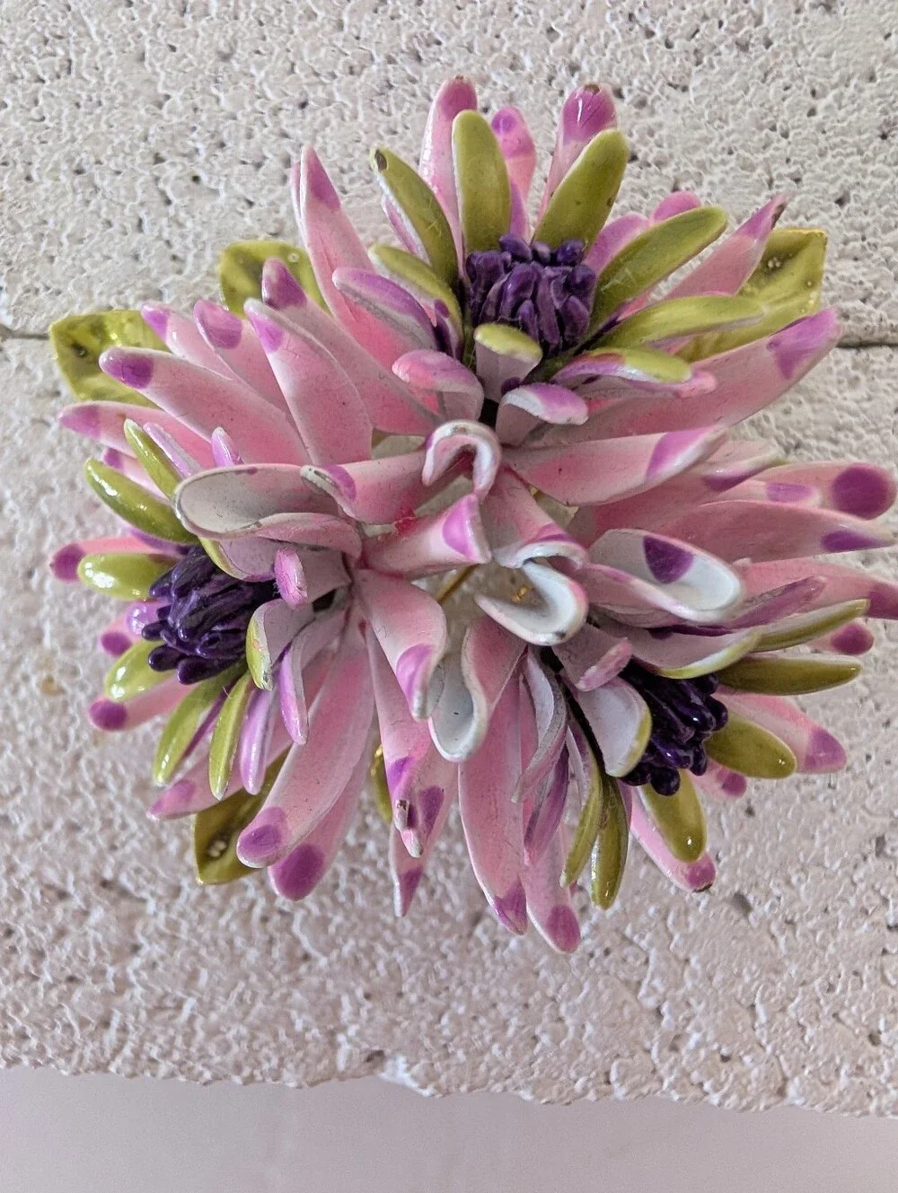 Vintage Brooch Enamel Pin Purple Pink & Green Metal  Flower Signed CORO